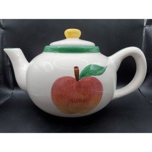 Vintage Ceramic White Teapot W/ Green Trim & Red Apple By ASIA MASTER GROUP 1950